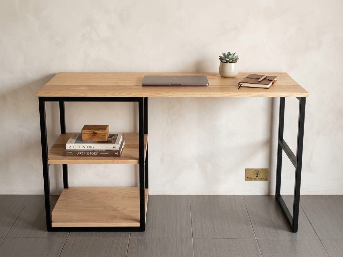 Ash desk on a black steel frame with two open shelves