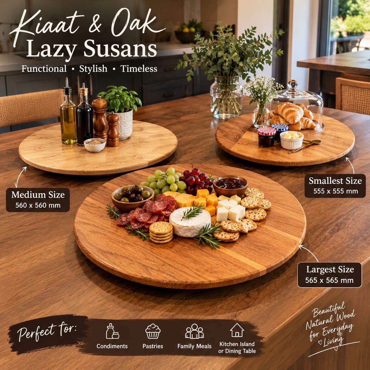 Kiaat and oak lazy susans laid with food on a dining table