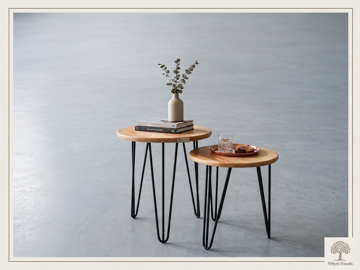 Round ash side tables styled with a plant and books