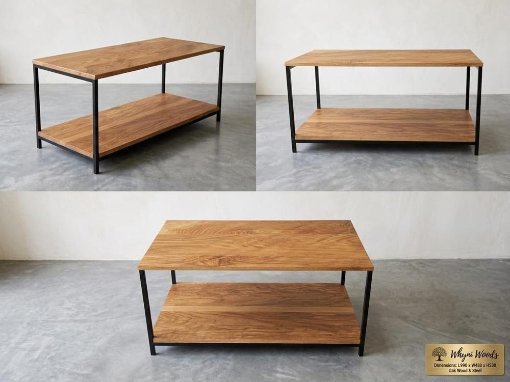 Oak and steel coffee table with lower shelf
