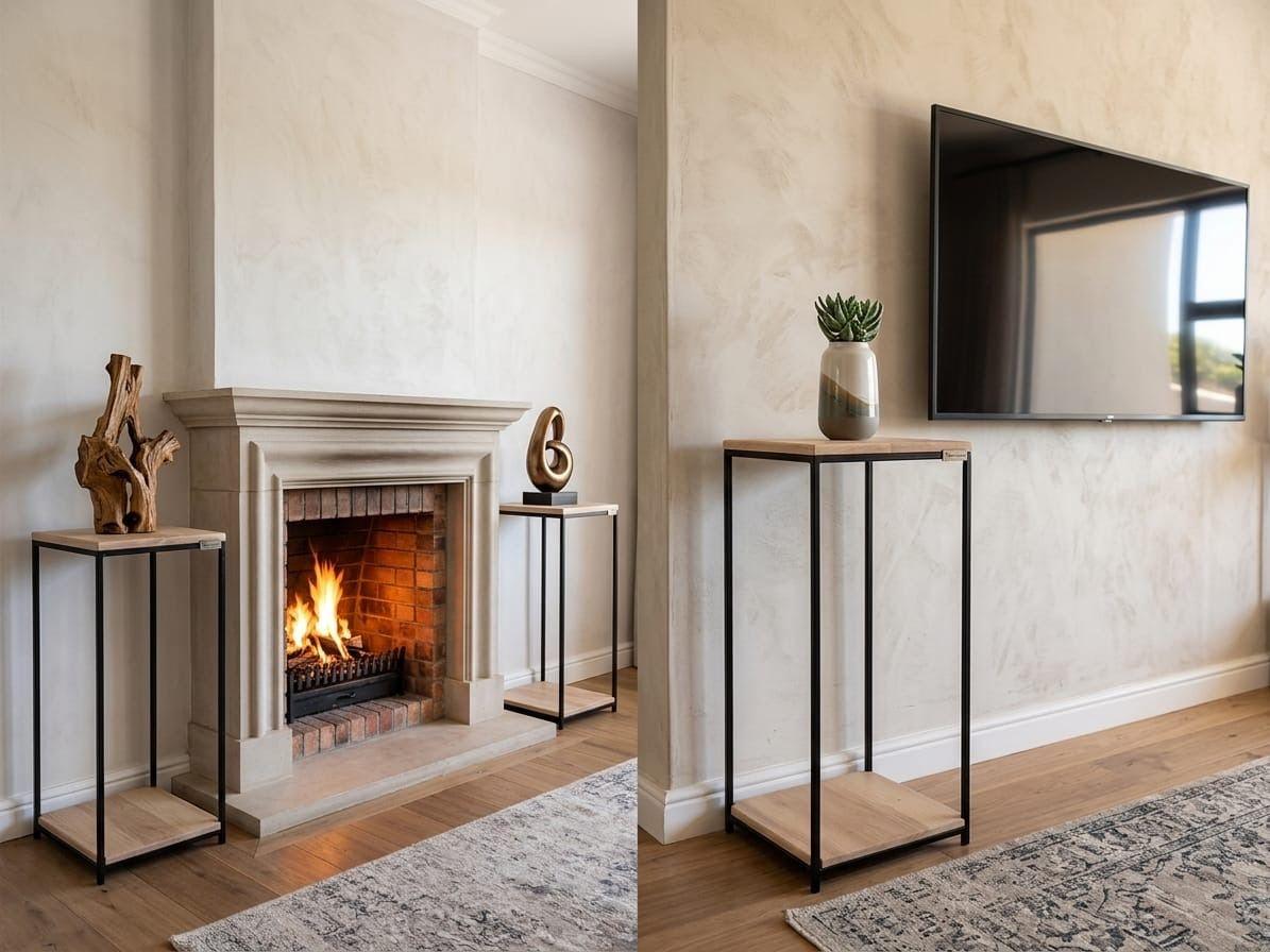 Two slim oak and steel plinths, one beside a lit fireplace holding a sculpture, one below a wall mounted television holding a potted succulent