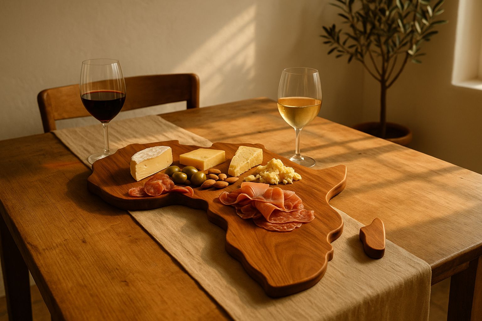 An Africa shaped serving board laid with cheese and charcuterie on a dining table in warm afternoon light