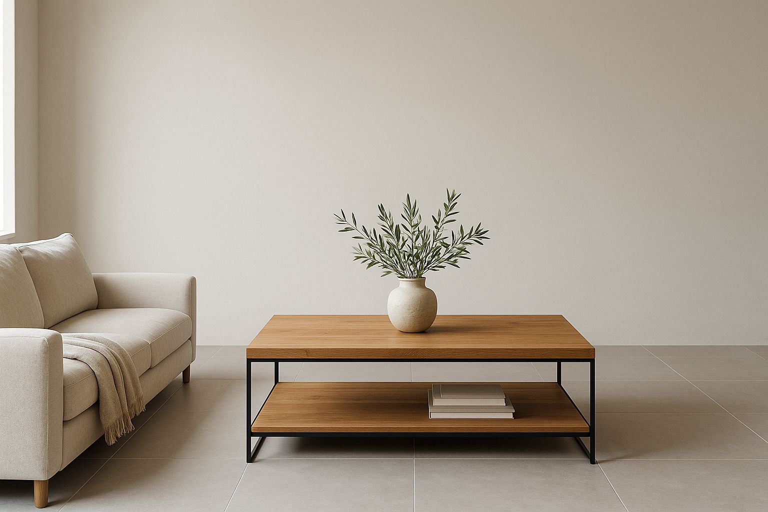 A solid oak coffee table on a black steel frame in a calm Cape Town living room