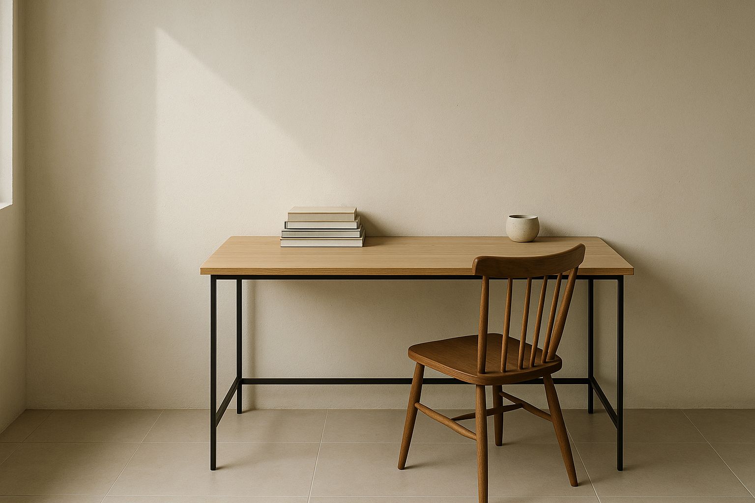An ash desk on a black steel frame against a plastered wall in a quiet home study