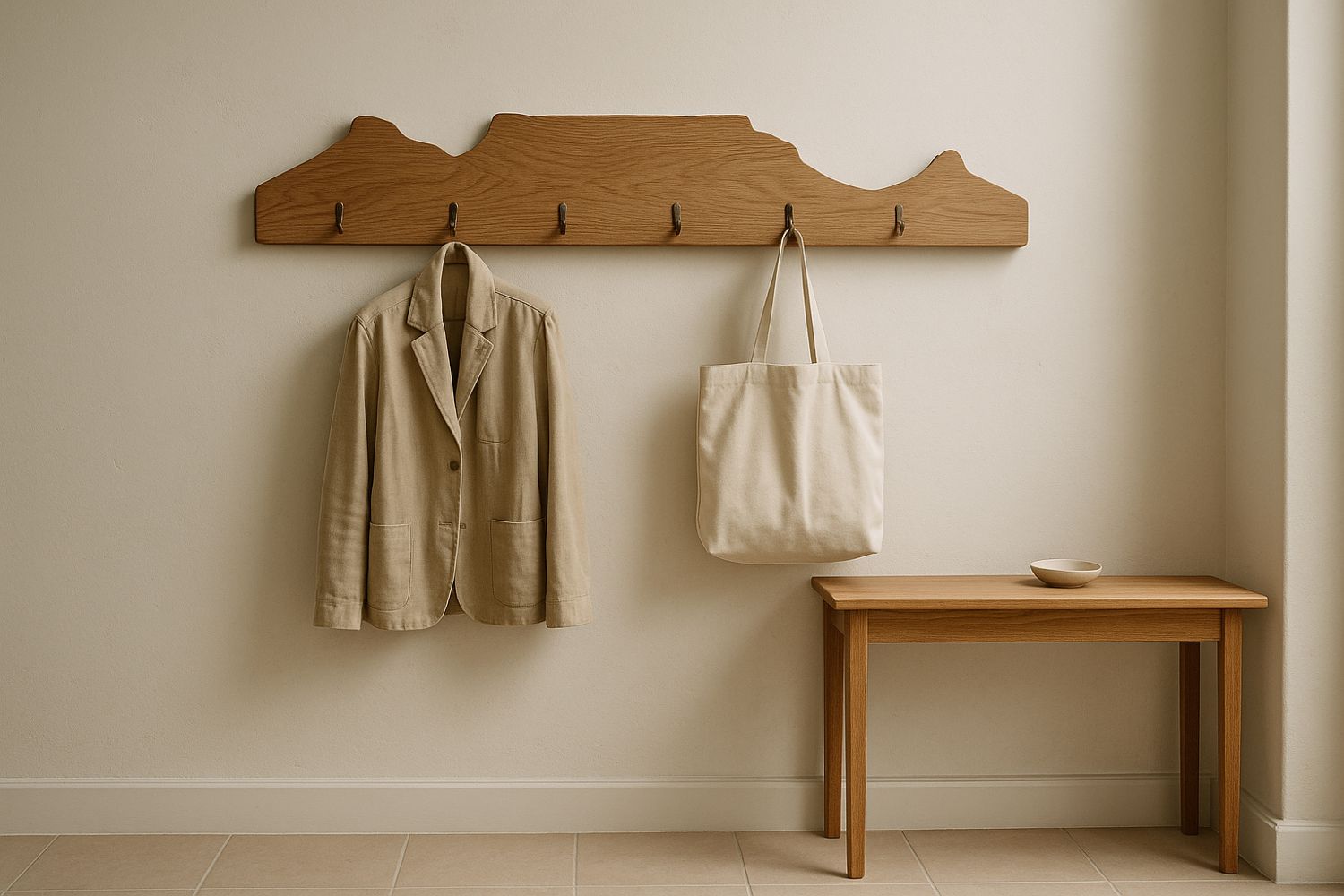 Table Mountain hook rail in a hallway with a linen jacket and canvas tote