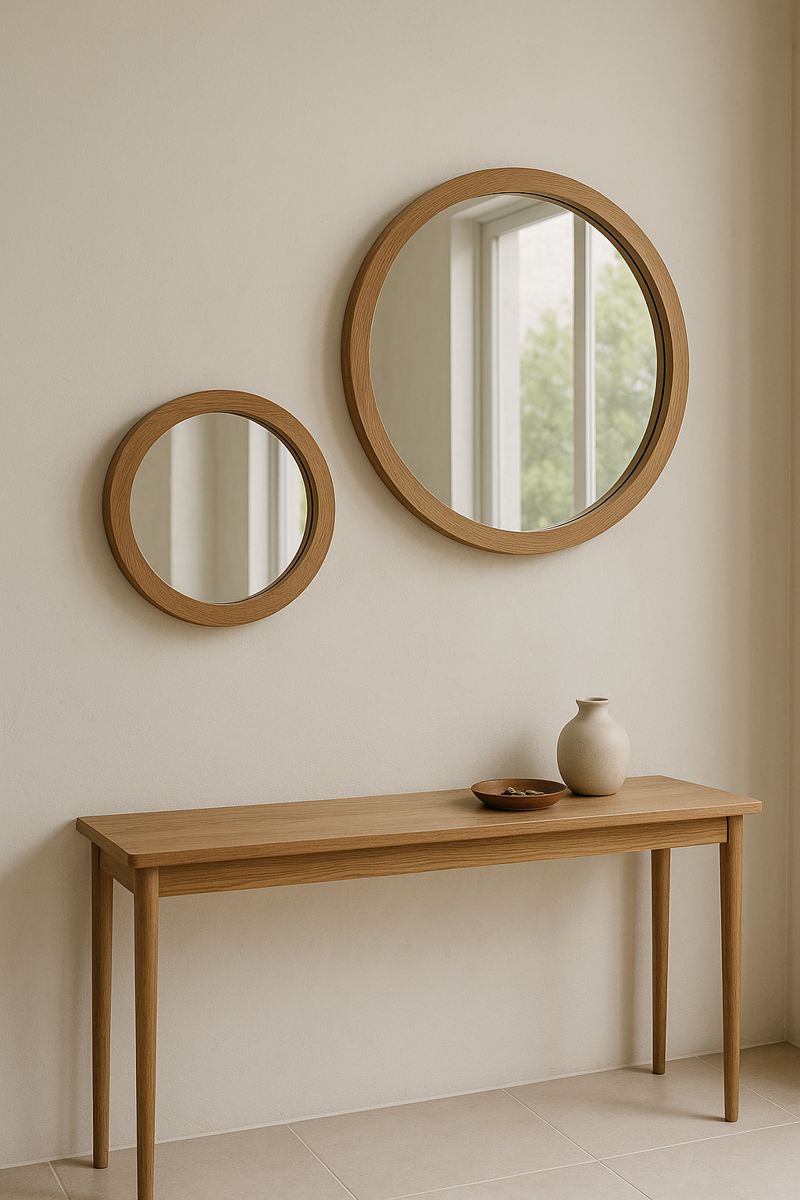 Two round oak framed mirrors above a console table in a hallway