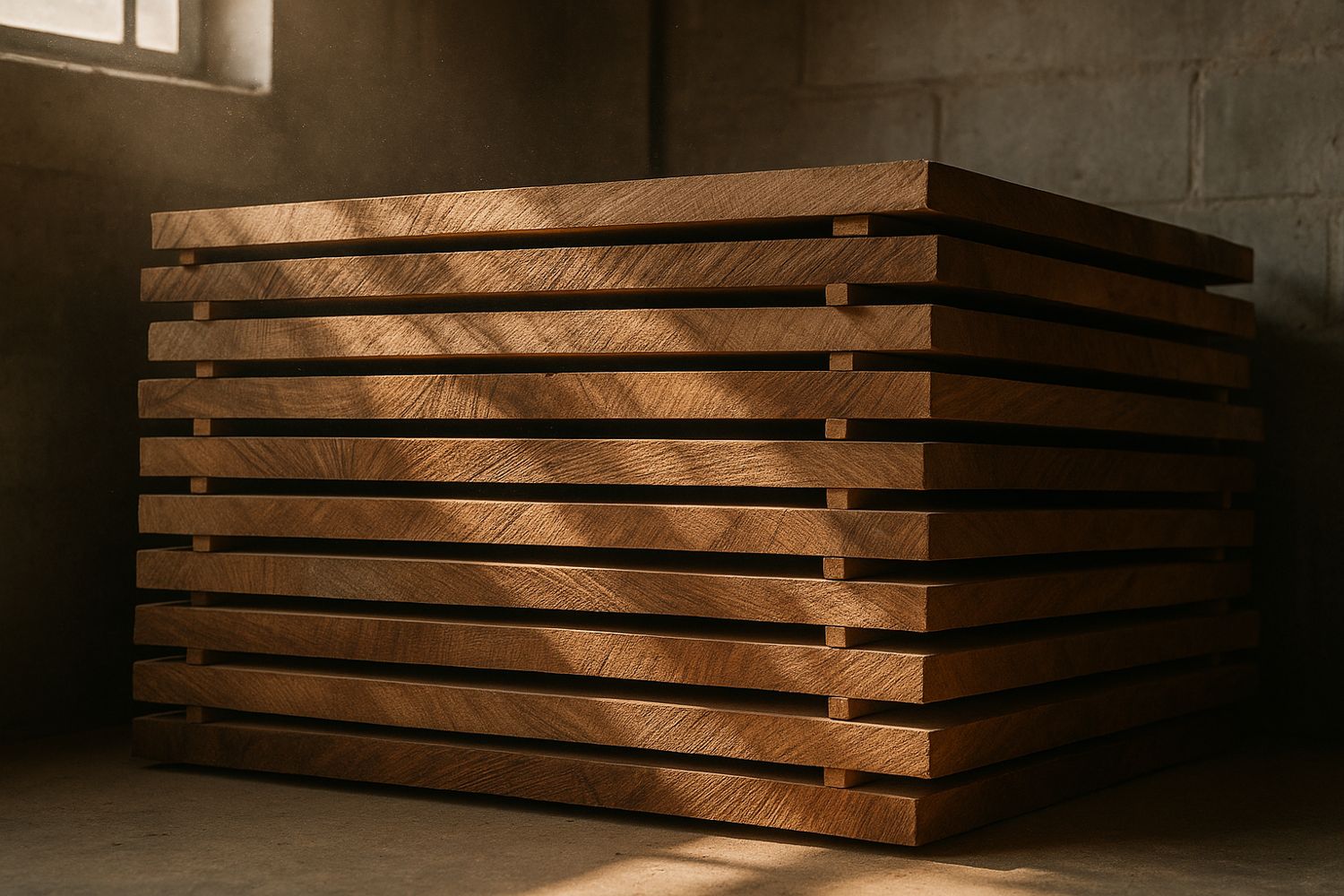 Rough sawn hardwood boards stacked with spacers in the workshop