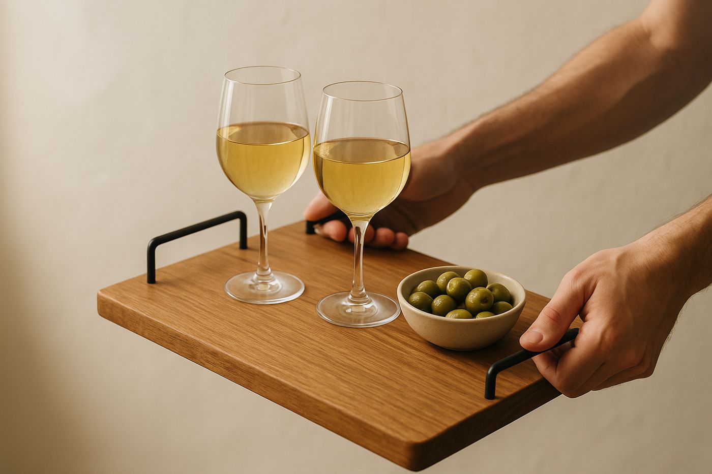 A solid wood serving tray with black steel handles carrying wine and olives