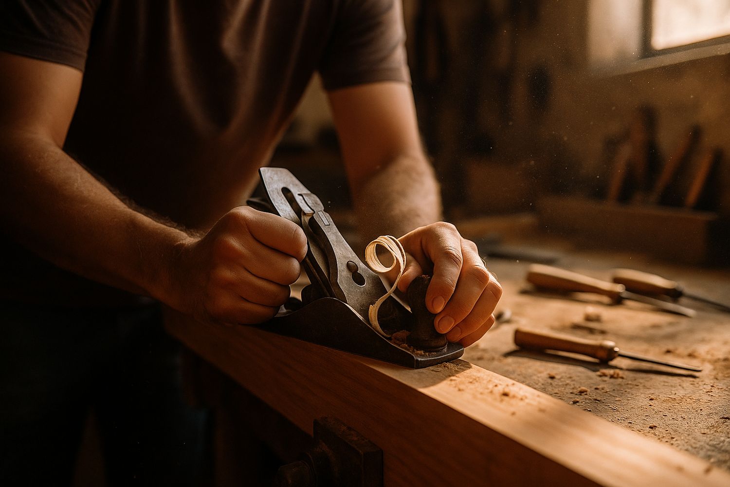 Hands running a hand plane along a solid hardwood board, a curl of shaving lifting off the blade