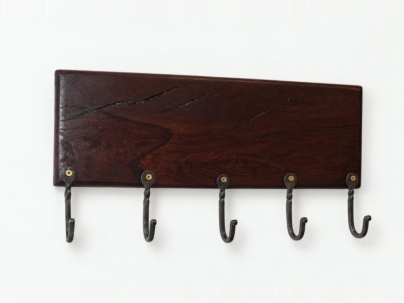 Dark kiaat coat rack with five forged iron hooks and brass screws