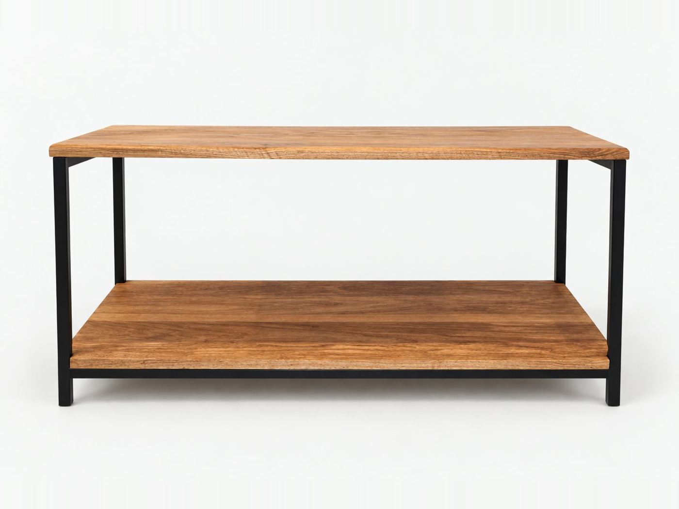 Oak coffee table on a black steel frame with a lower shelf
