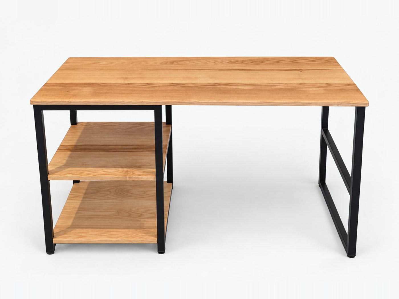 Ash desk on a black steel frame with two open shelves to one side