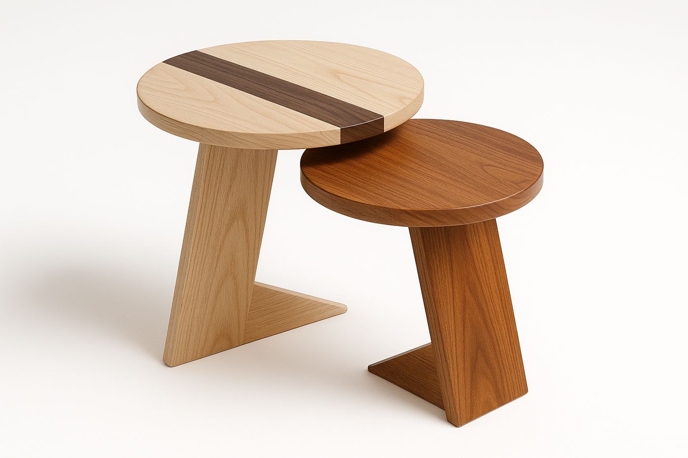 Two round nesting side tables, one in pale ash with a dark walnut stripe, one in kiaat, each on a single angled slab leg