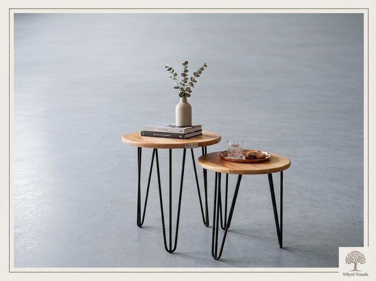 Two round oak side tables on black hairpin legs, styled with books and a vase